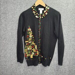 Drapers & Damons Christmas Tree Sweater Small Sequin Jewel Cardigan‎ Black S